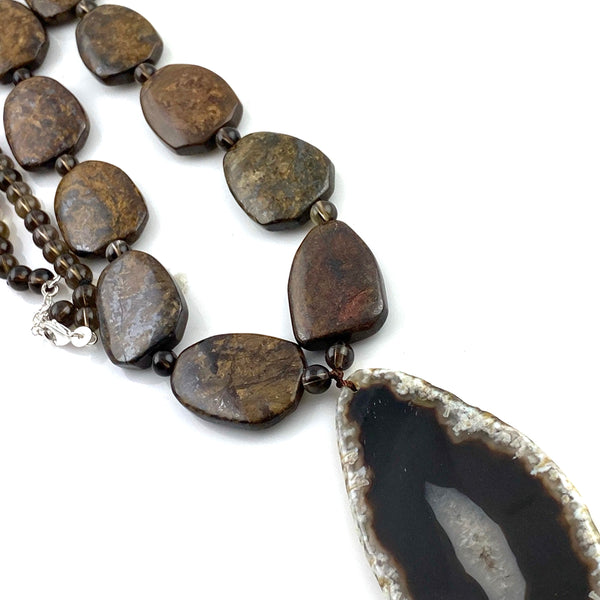 Smoky Quartz, Bronzite & Geode Sterling Silver Necklace - Keja Designs Jewelry