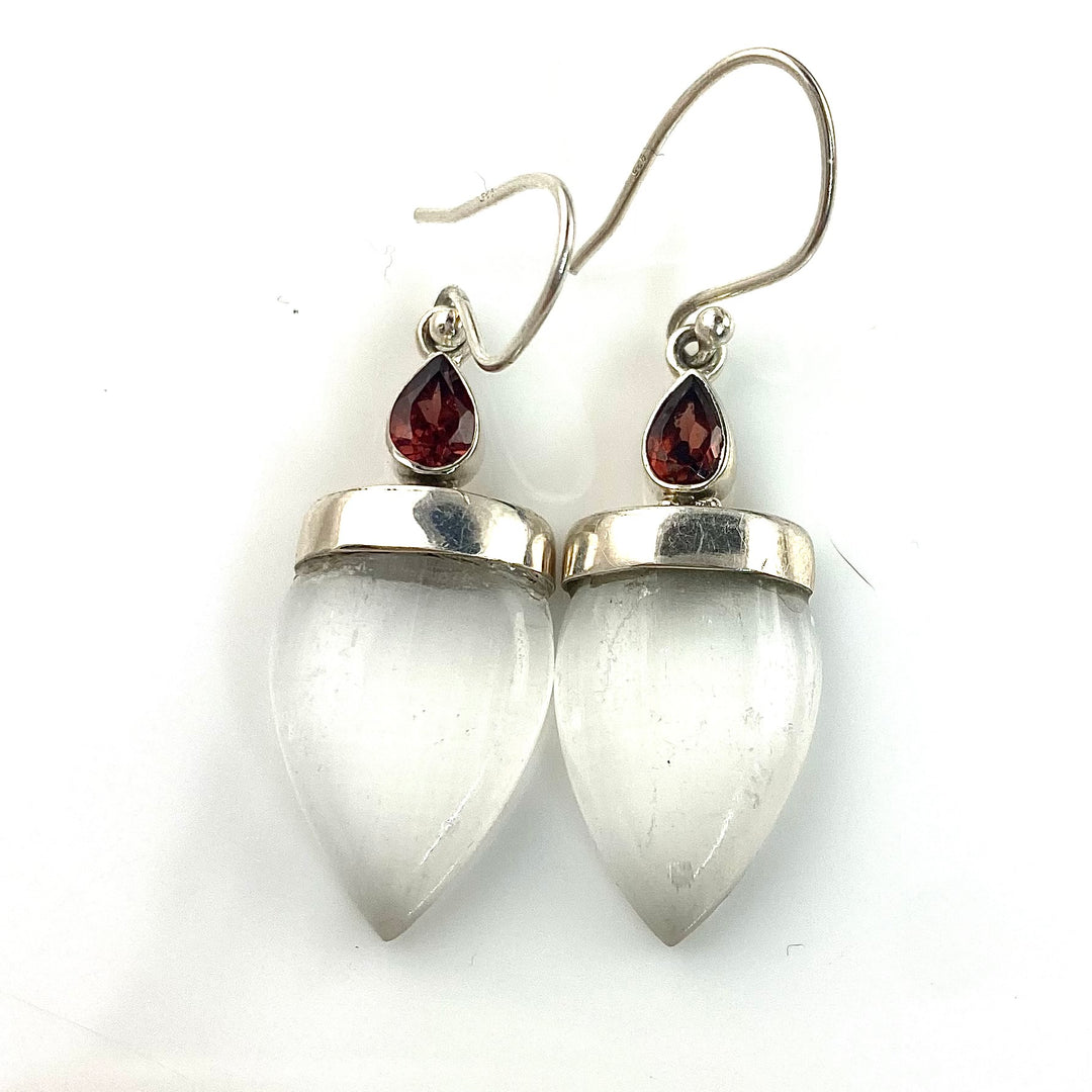 Selenite & Garnet Sterling Silver Earrings - Keja Designs Jewelry