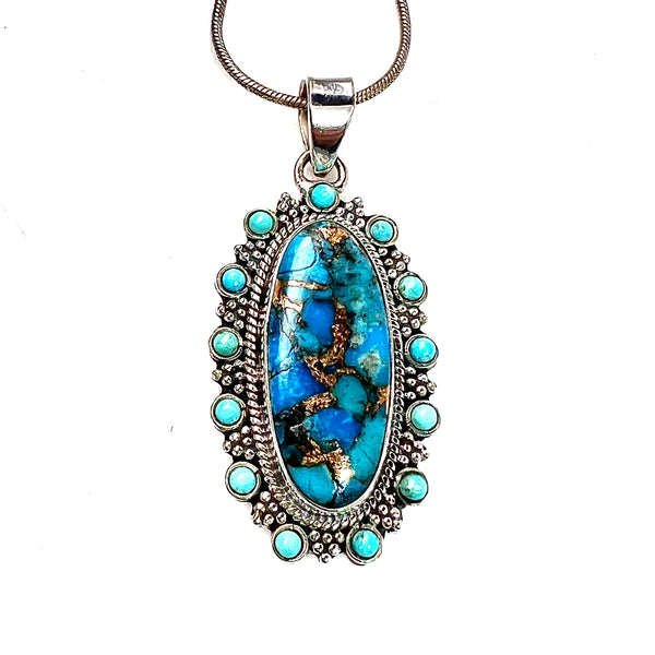 Blue Copper Turquoise & Turquoise Sterling Silver Pendant - Keja Designs Jewelry