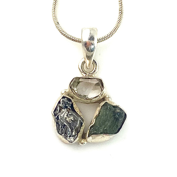Campo de Cielo Meteorite, Moldavite & Herkimer Sterling Silver Pendant - Keja Designs Jewelry