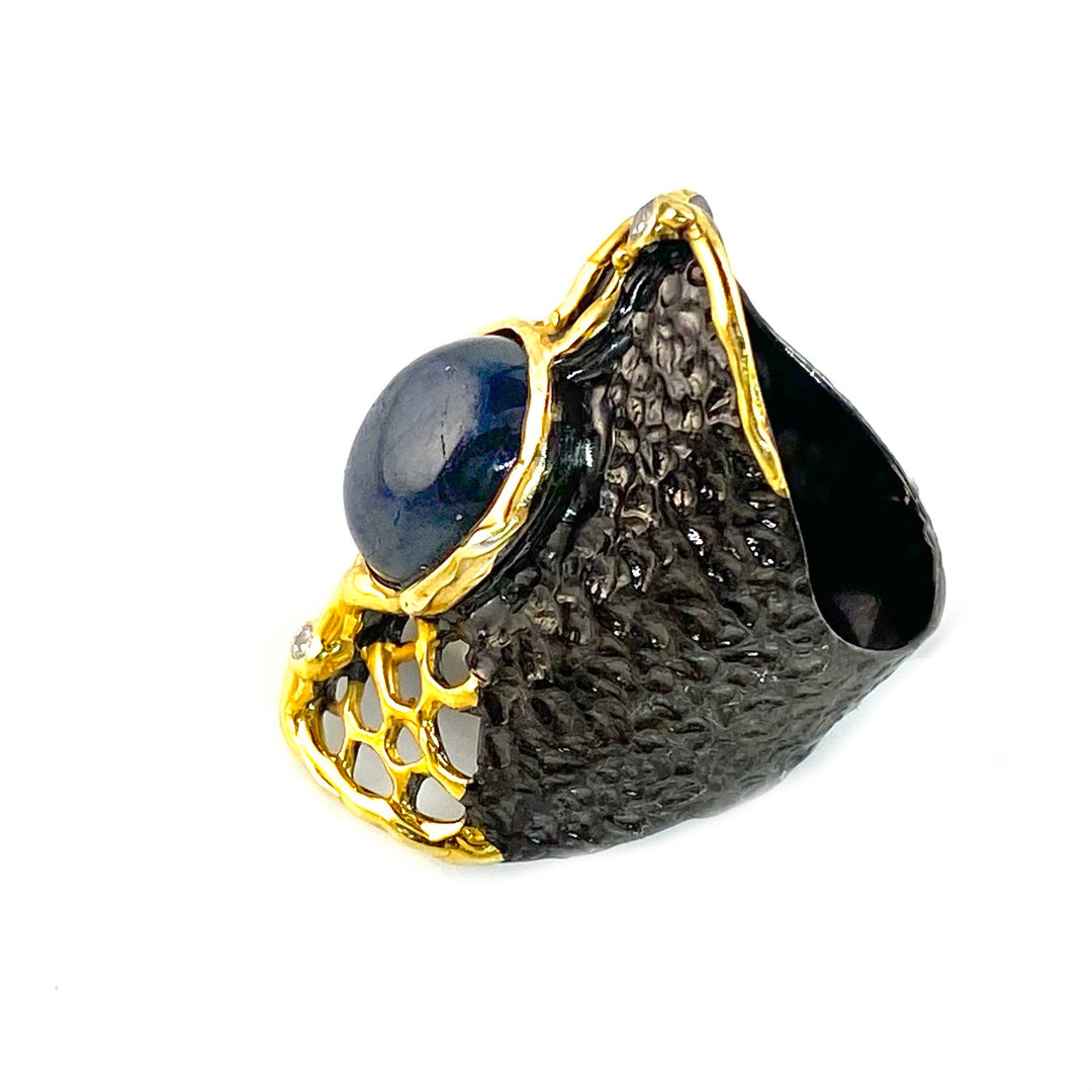 Star Sapphire Sterling Silver Rhodium &amp; Gold Cactus Skeleton Ring - Keja Designs Jewelry