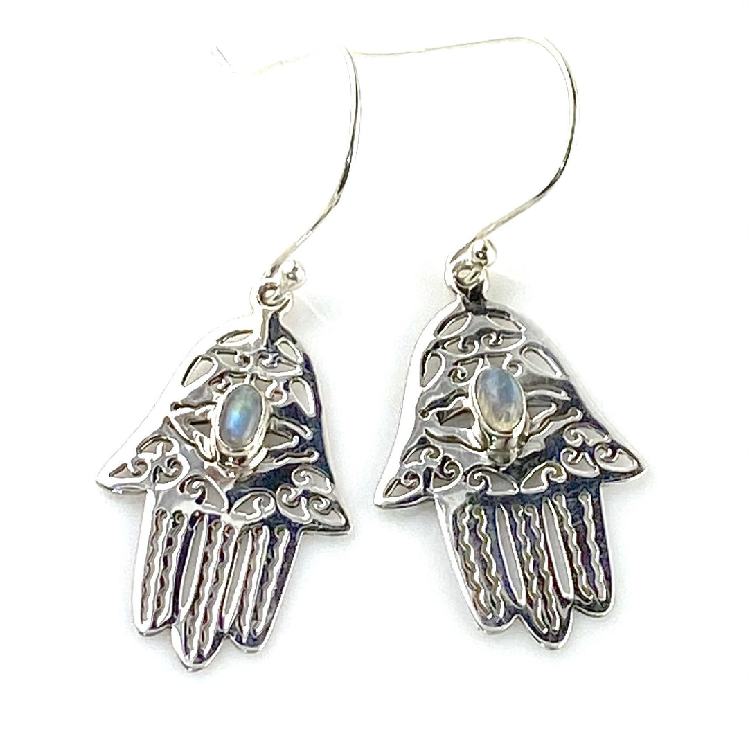 Moonstone Sterling Silver Hamsa Hand Earrings - Keja Designs Jewelry