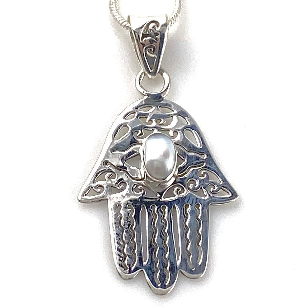 Pearl Sterling Silver Hamsa Hand Pendant - Keja Designs Jewelry