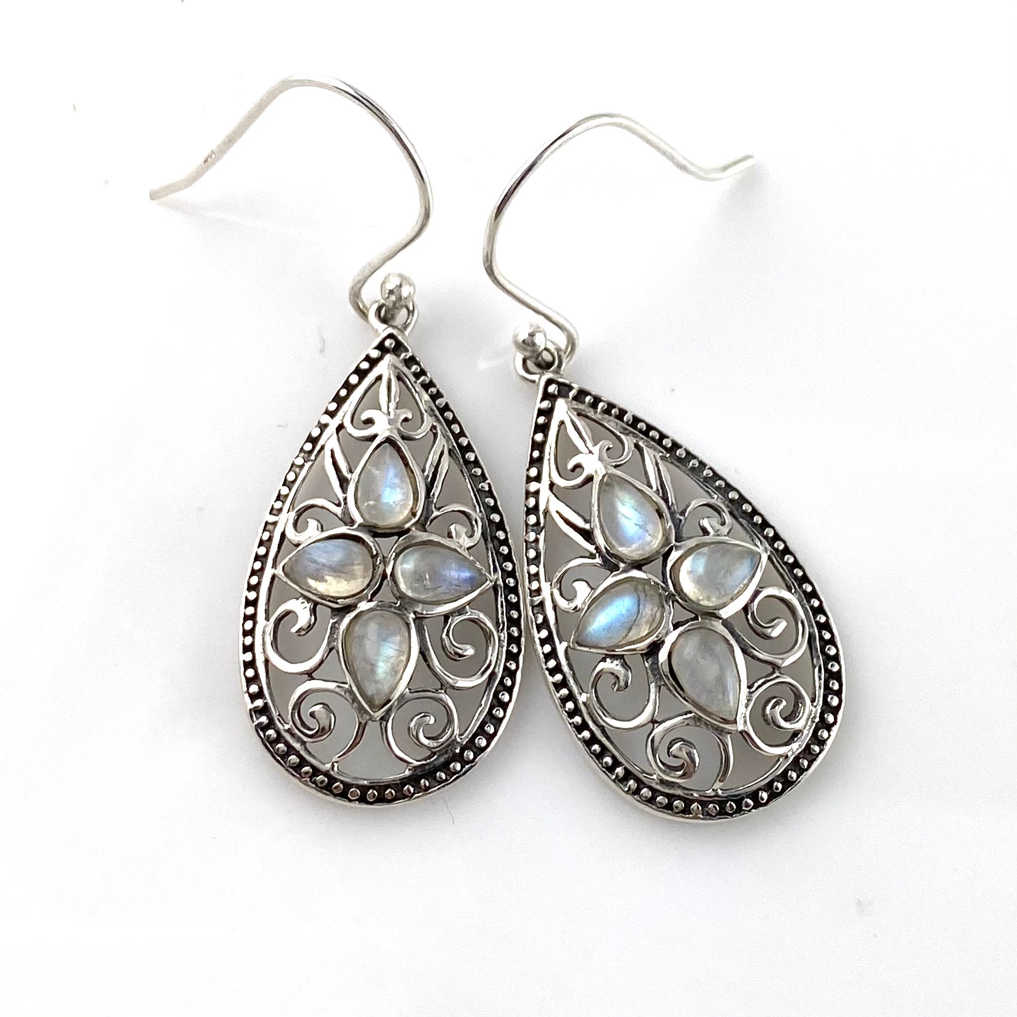 Moonstone Sterling Silver Filigree Drop Earrings - Keja Designs Jewelry