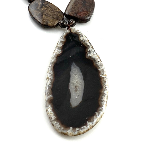 Smoky Quartz, Bronzite & Geode Sterling Silver Necklace - Keja Designs Jewelry