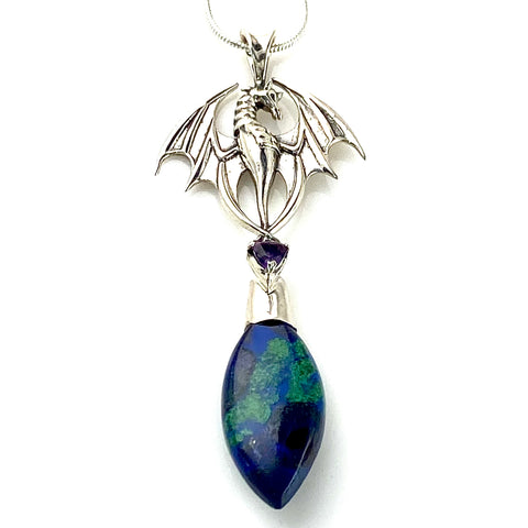 Malachite-in-Azurite & Amethyst Sterling Silver Dragon Pendant - Keja Designs Jewelry