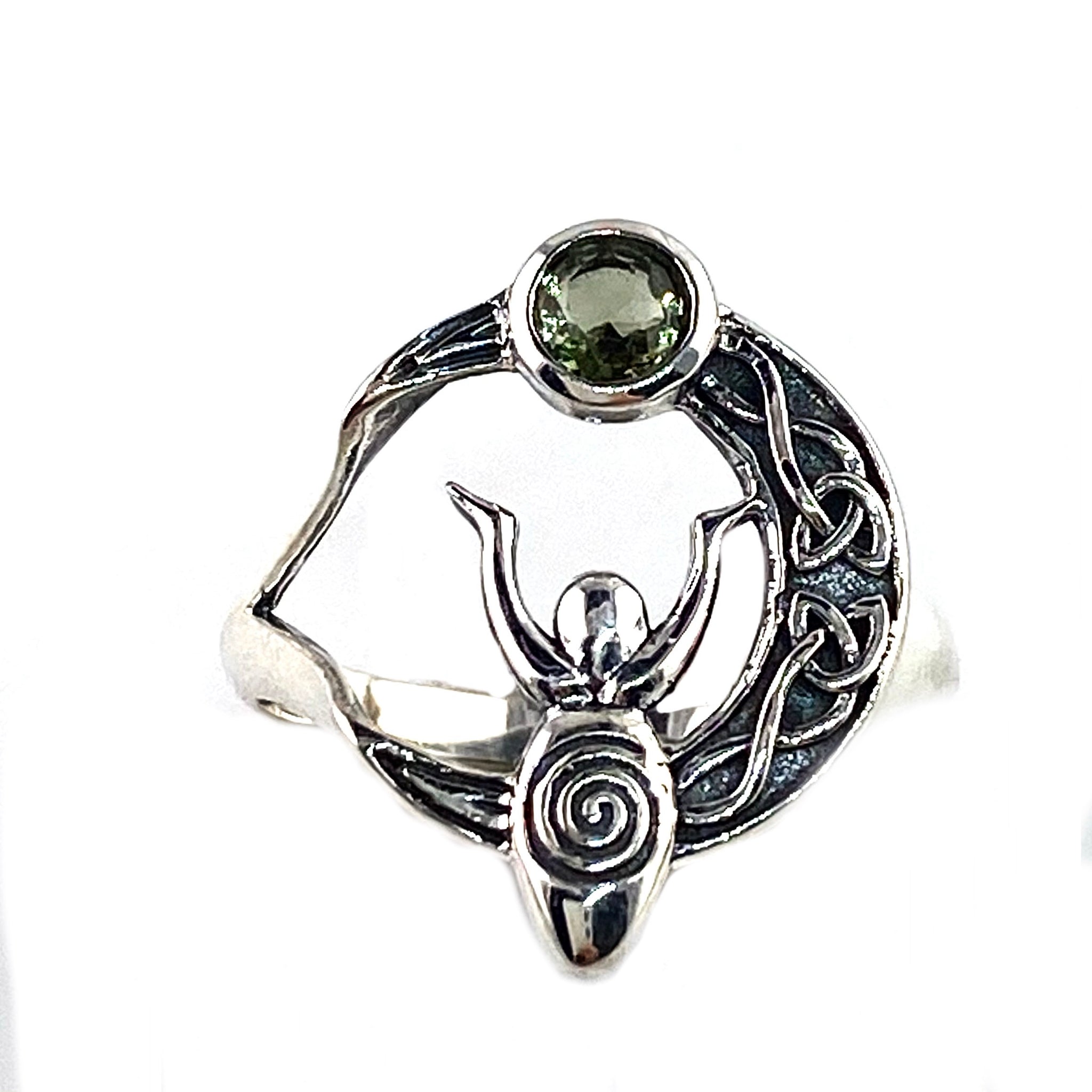 Faceted Moldavite Meteorite Sterling Silver Moon Goddess Ring - Keja Designs Jewelry