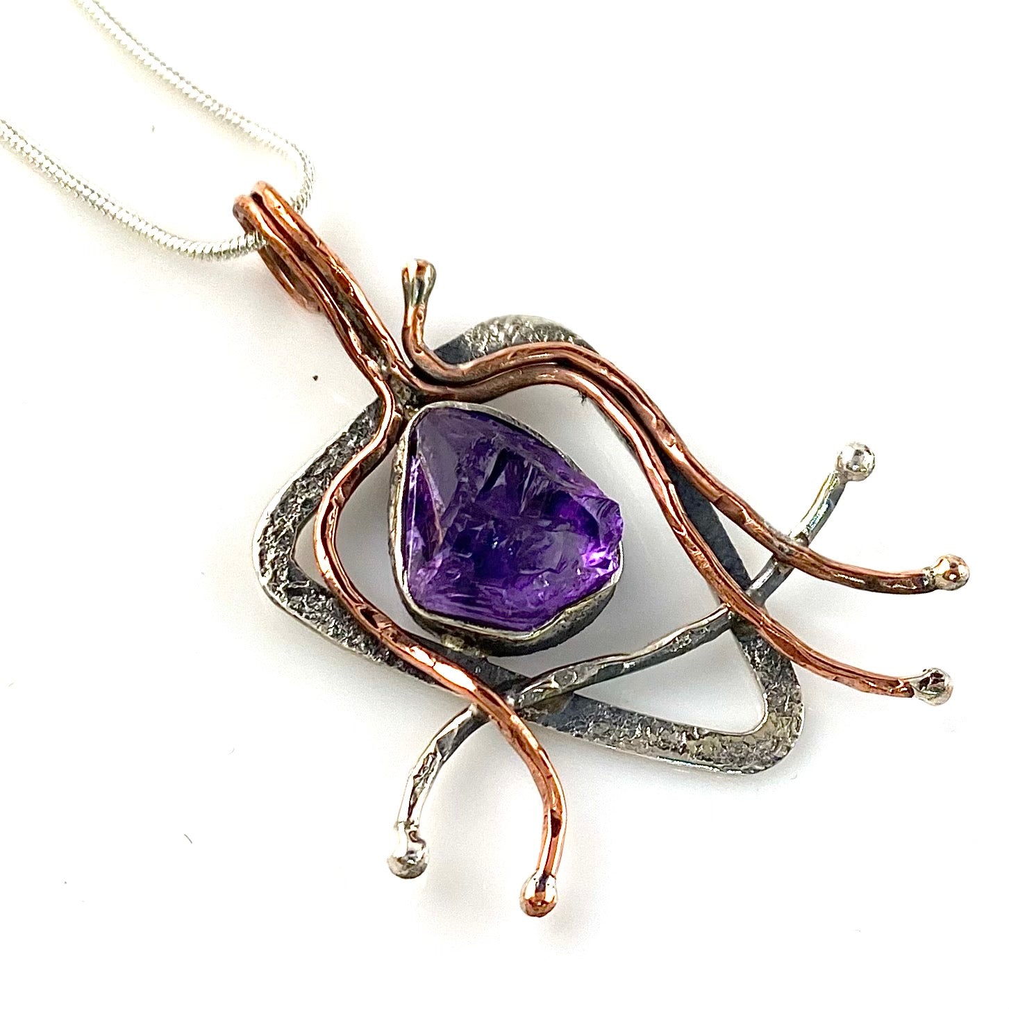 Amethyst Rough Sterling Silver Two Tone Swirls Pendant - Keja Designs Jewelry