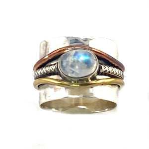 Moonstone Three Tone Sterling Silver Band Ring - Keja Designs Jewelry